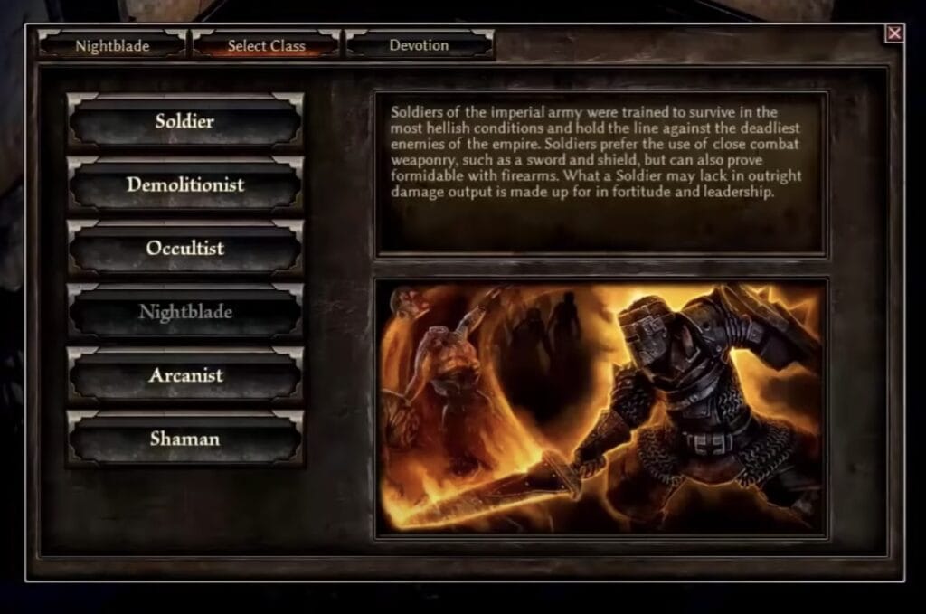 Grim Dawn character class selection