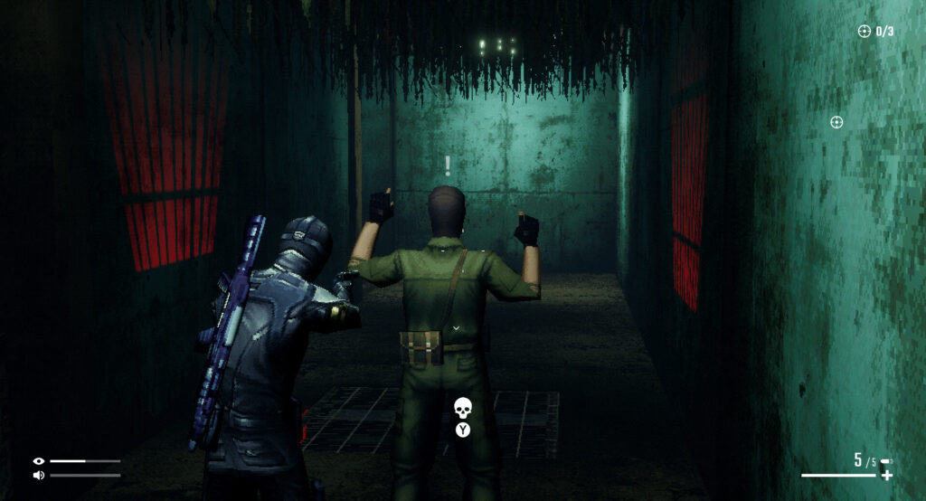The unnamed protagonist of No Sun To Worship holds a guard at gunpoint.