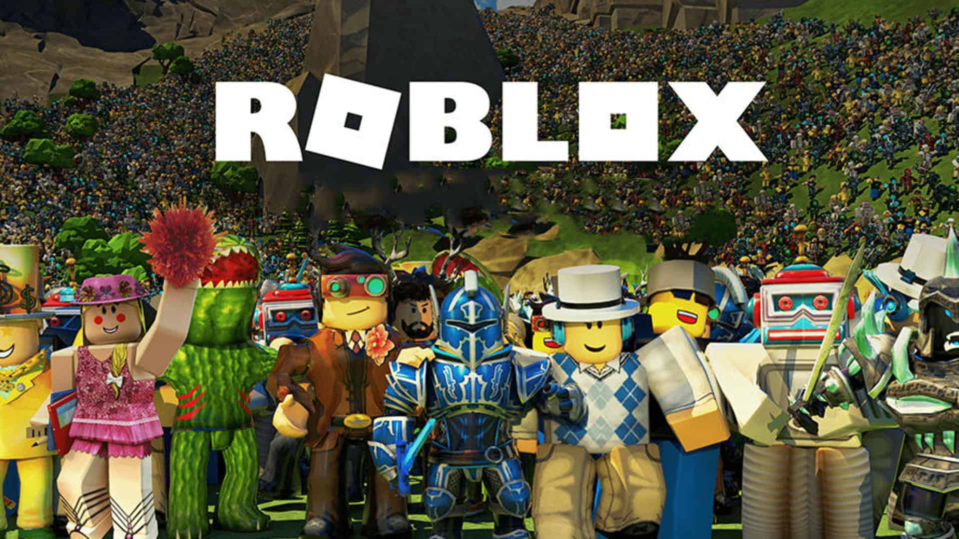 Several Roblox characters stand in front of the game's logo.