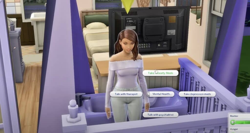 A Sim with anxiety decides what to do