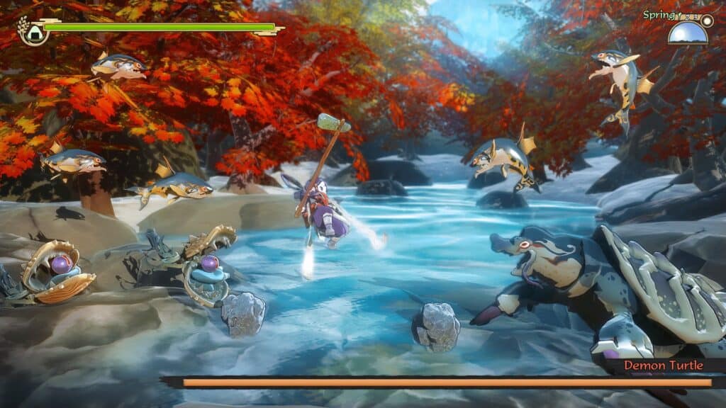 Screenshot of Sakuna: Of Rice and Ruin showing combat against demon turtles.