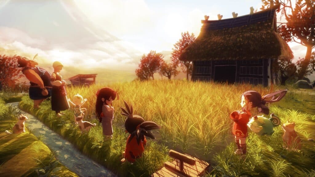 Sakuna and friends stand in the rice fields during sunset.