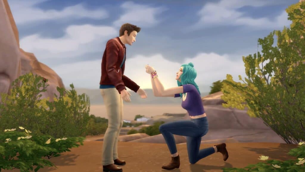 A Sim proposing to her partner
