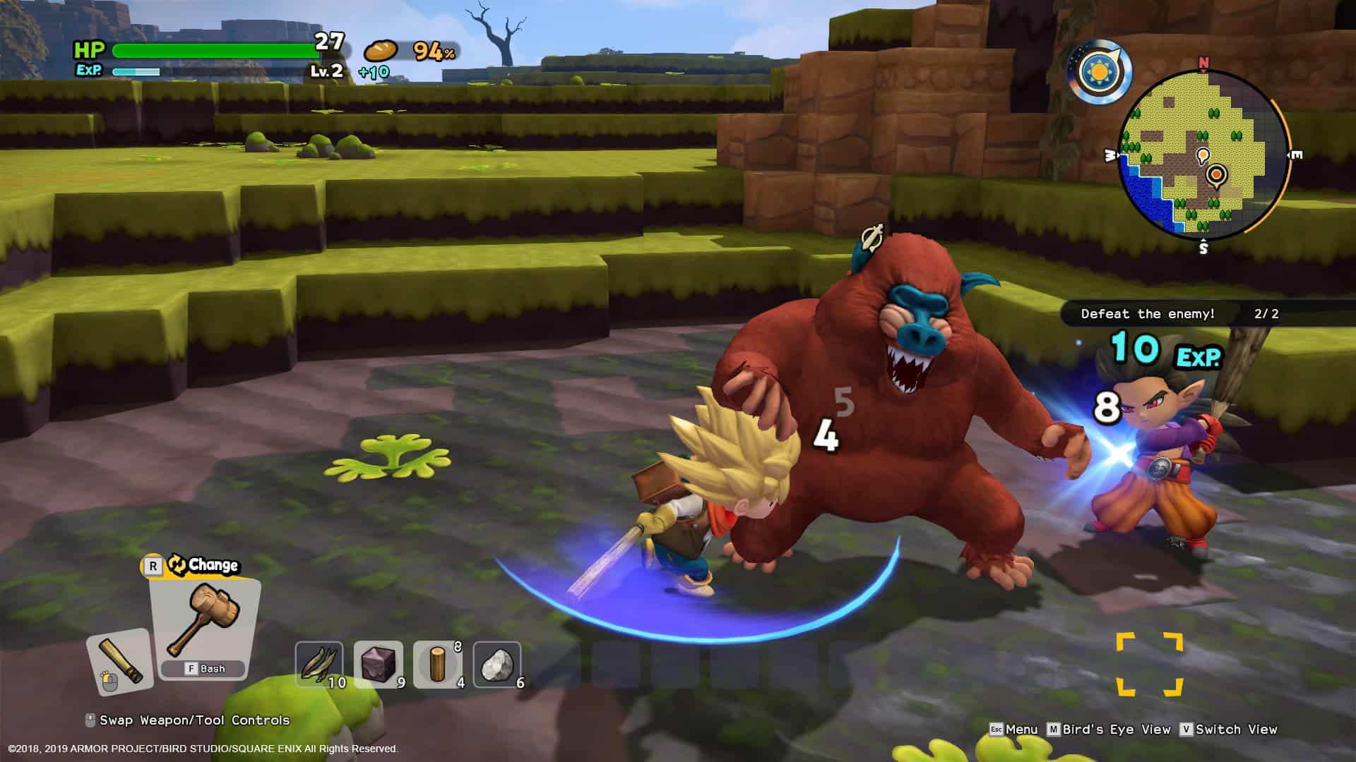 Dragon Quest Builders 2's protagonist does battle with an ape.
