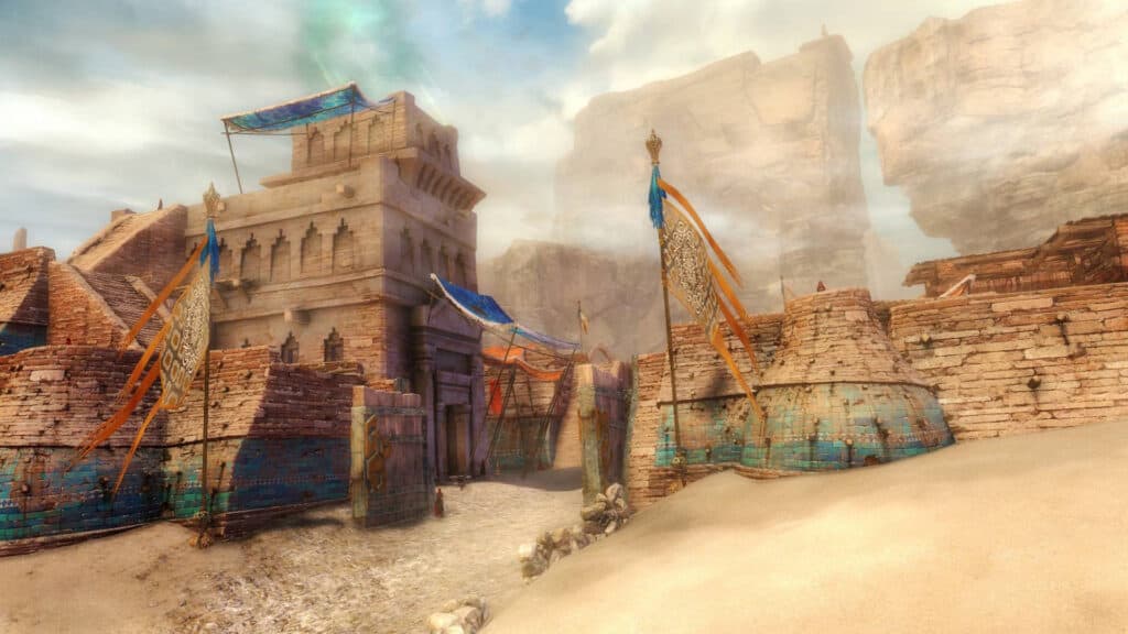 A city stands amidst the burning sands of Path of Fire's Crystal Desert.