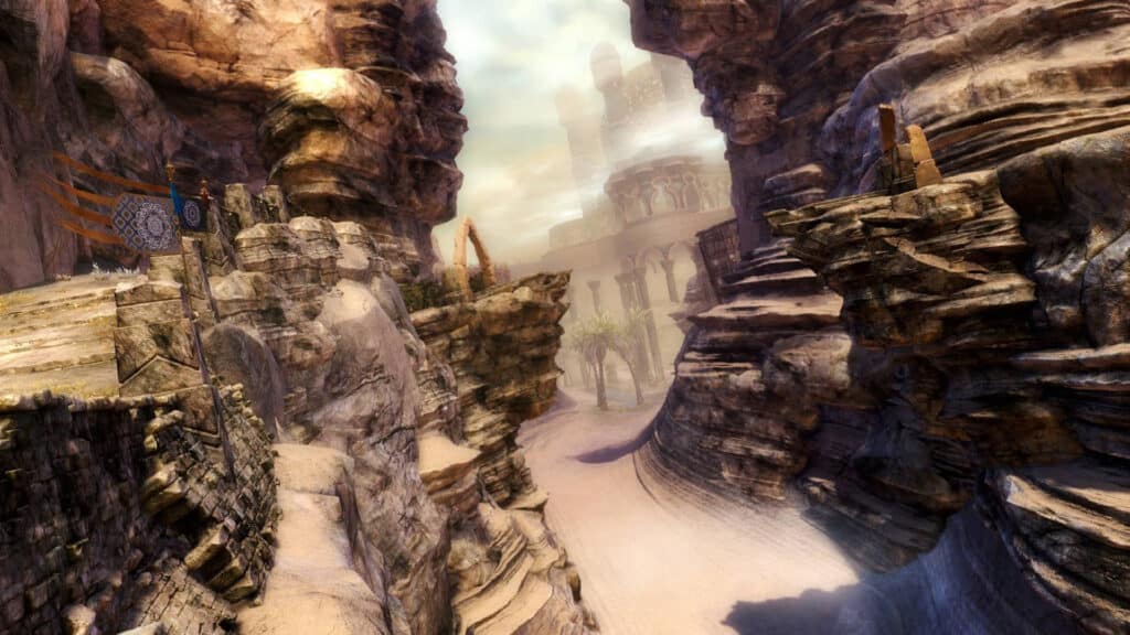 Ruins line the edges of a canyon in the Crystal Desert.