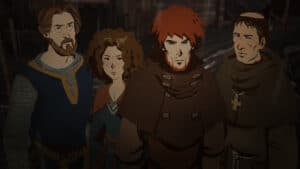 The main characters of Pillars of the Earth stand in a line.
