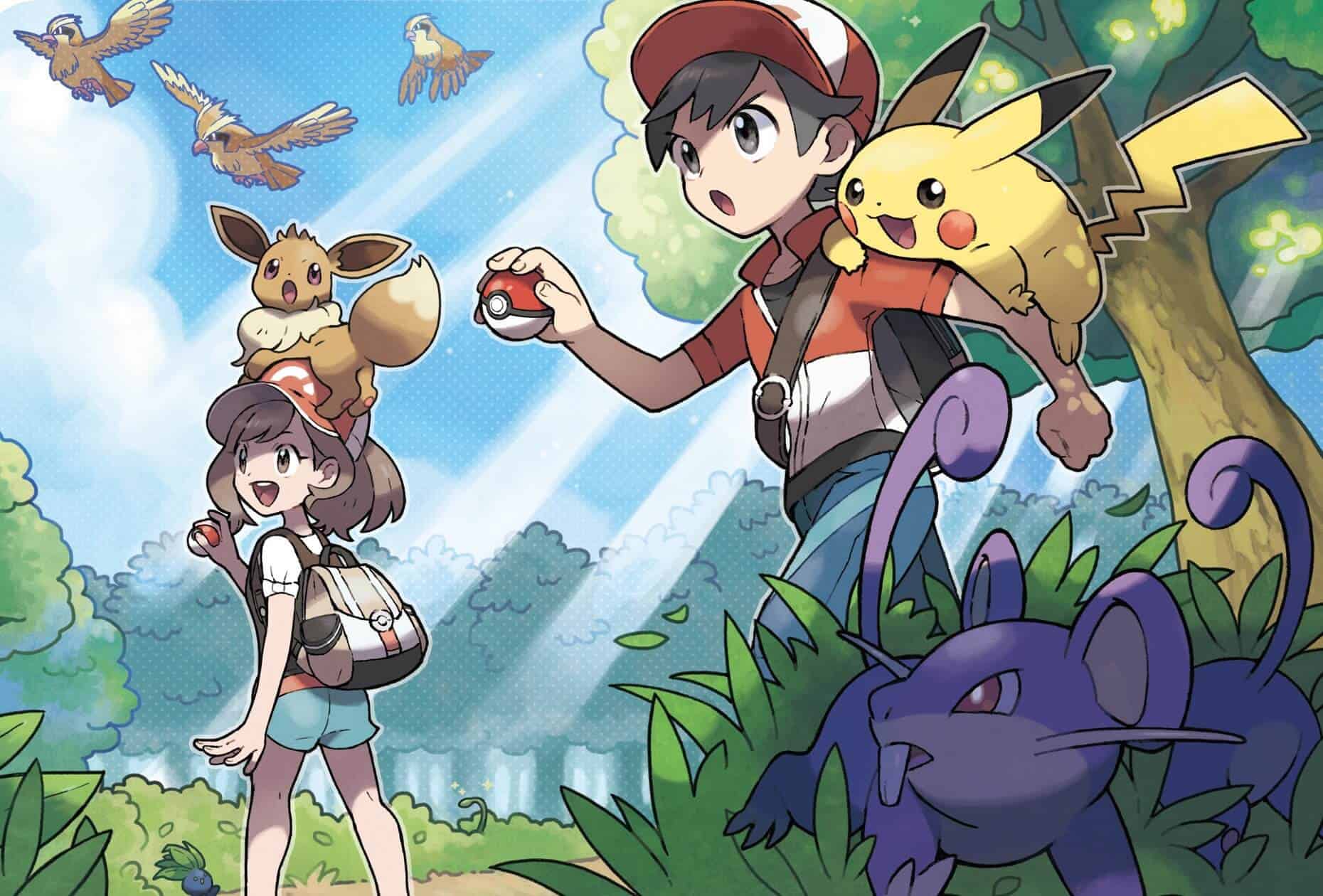 The main characters of Pokemon Let's Go Pikachu and Eevee explore the wilderness.