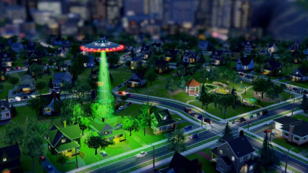 A Sim gets abducted by a UFO in SimCity.