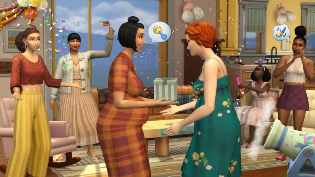 Sims hold a baby shower in the Growing Together expansion.