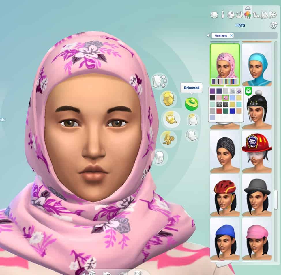 A Sim tries on a hijab in the Create-A-Sim feature.