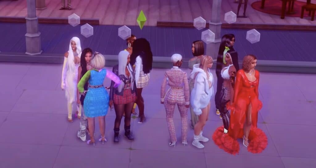 12 Sims standing together