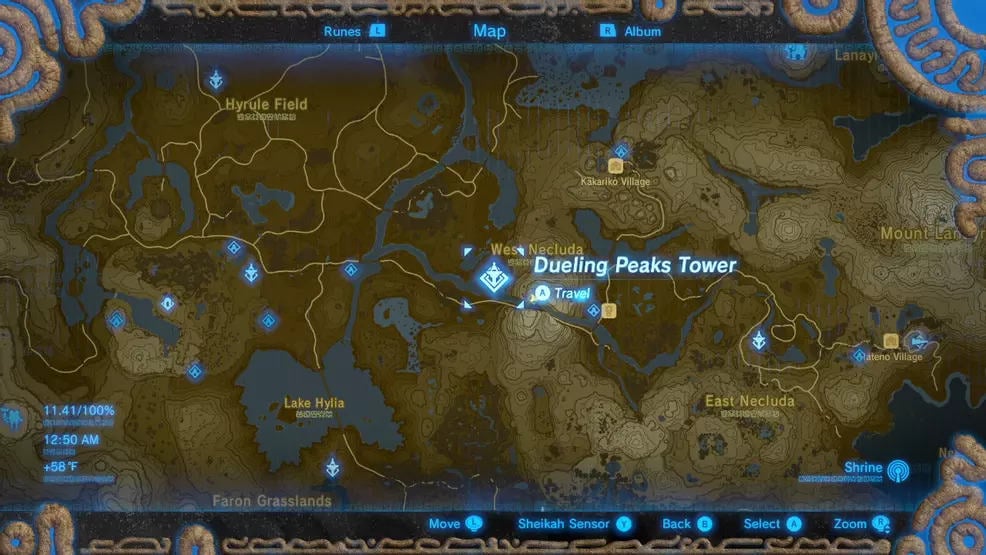 Breath of the Wild Dueling Peaks Tower location