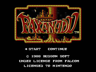 The title screen of Faxanadu under license from falcom and Nintendo