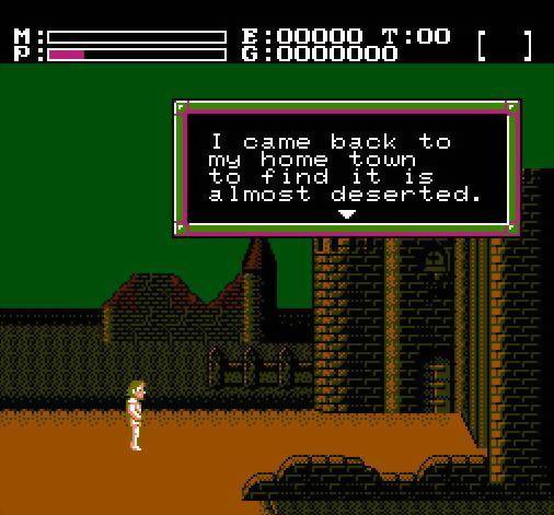 A dialogue box screenshot of the MC of Faxanadu coming home to find it deserted.