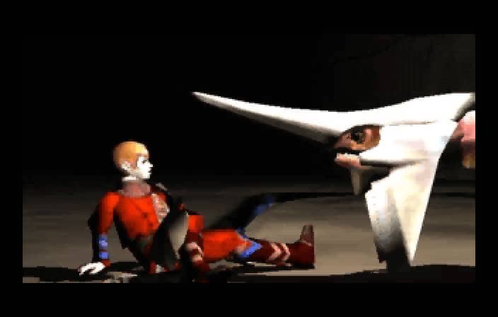 Screenshot of Panzer Dragoon protagonist looking at a dragoon.