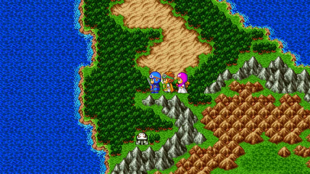 The heroes of Dragon Quest II venture across the overworld.