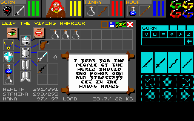 A screenshot of Dungeon Master. It is an equipment and stats screen.