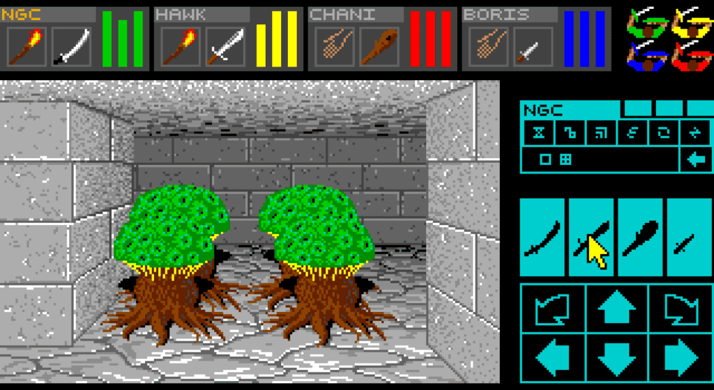 A screenshot of Dungeon Master gameplay. Green and brown monsters in a stone hallway. 