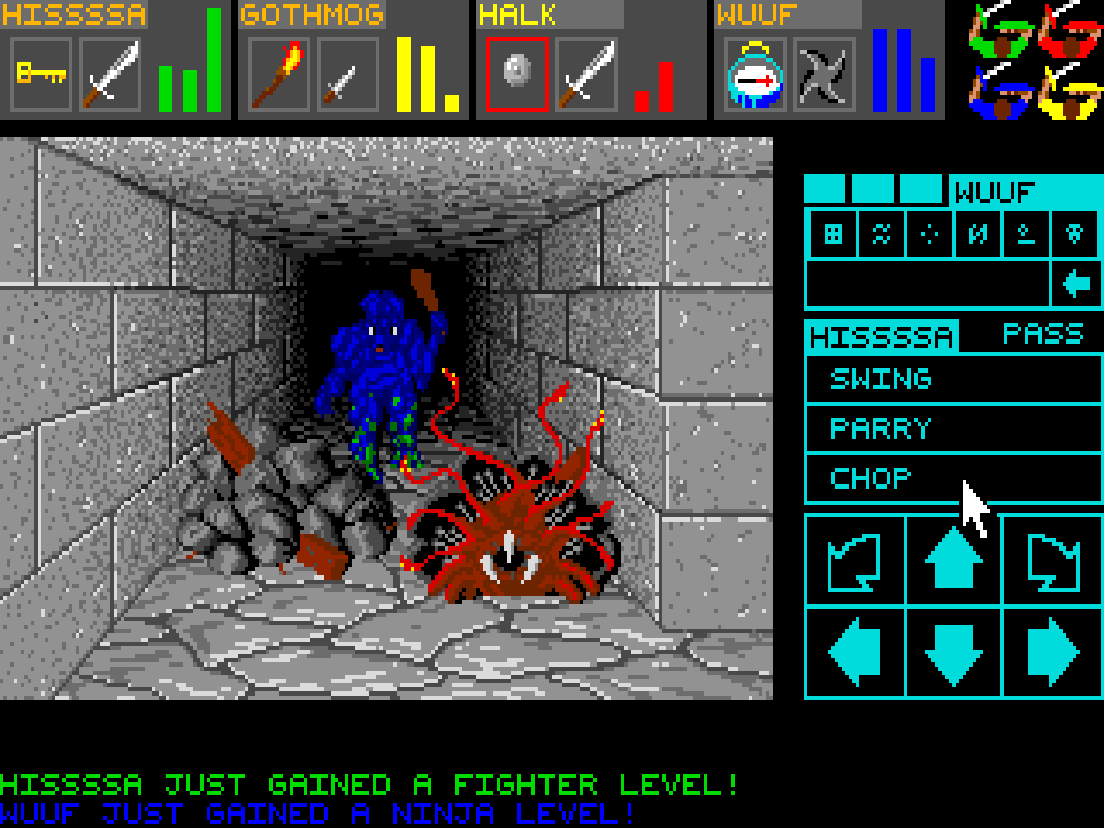 A screenshot of Dungeon Master. Two enemies in a dark hallway.