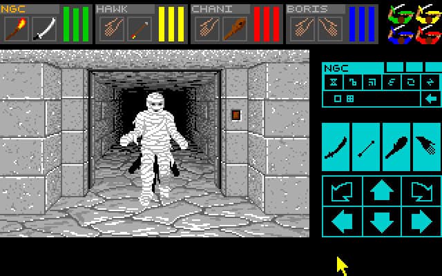 A screenshot of Dungeon Master gameplay. There is a dark tunnel with a mummy.