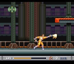 The Yellow Ranger navigates an industrial level in the SNES version of the game.