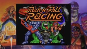 An in-game screenshot from Rock n' Roll Racing.