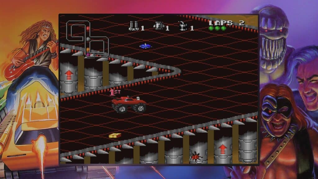An in-game screenshot from Rock n' Roll Racing.