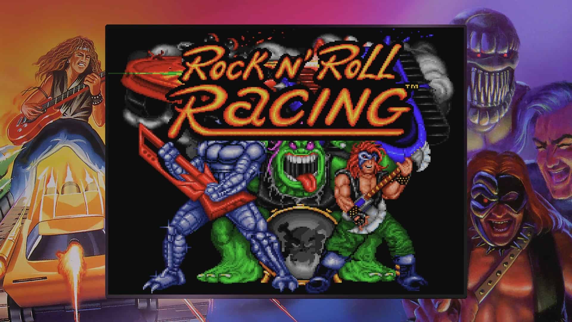 An in-game screenshot from Rock n' Roll Racing.