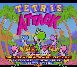 The title screen of Tetris Attack shows a group of Yoshis, creatures that weren't present in the original release.