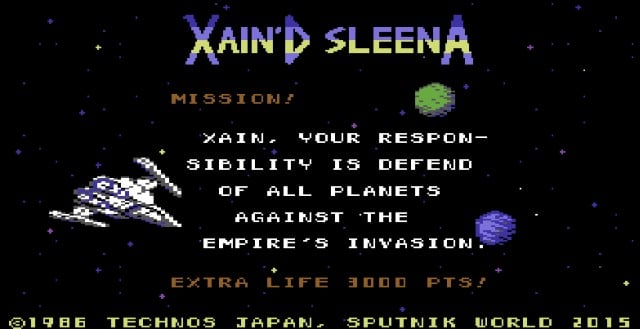 Screenshot of intro text from Xain'd Sleena :"Xain, your responsibility is defending of all planets against the empire's invasion" on a dark space background.