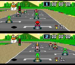2 Player Gameplay of Super Mario Kart.