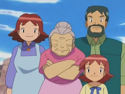 Screenshot from the Pokemon anime. From left to right: Victoria, Vicky, and Victor, with Vivi at the bottom