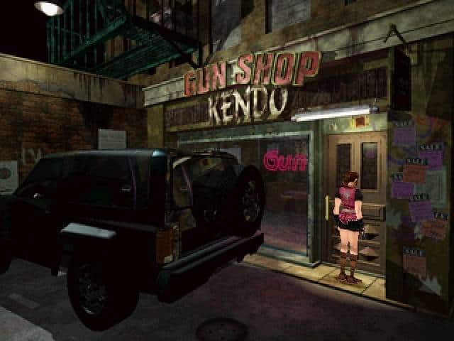 A still of Claire Redfield in frfont of a gunshop in raccoon city.