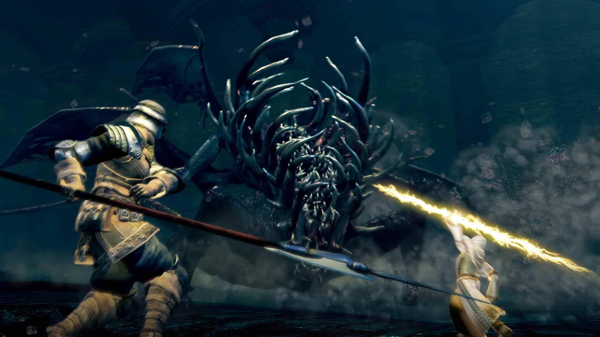 Two Dark Souls players battle the Gaping Dragon.