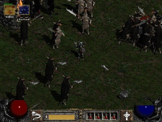 A Diablo 2 player stands surrounded by cows.