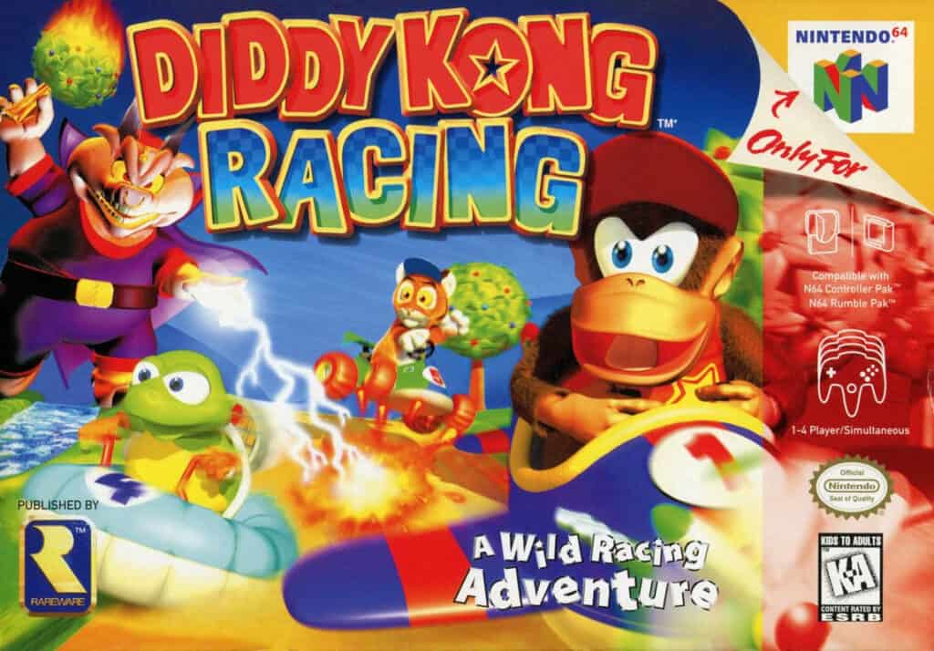 Diddy Kong and friends outrace the villainous Wizpig on the cover of this N64 classic.