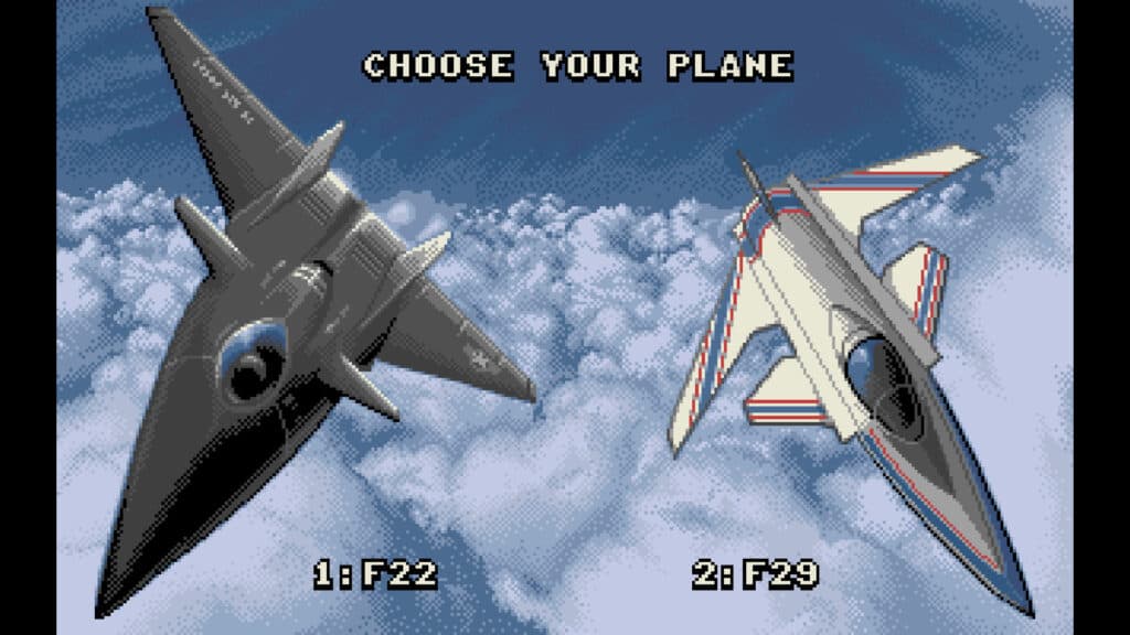 Screenshot of F29 Retaliator. Players can choose between an F22 and F29 plane.
