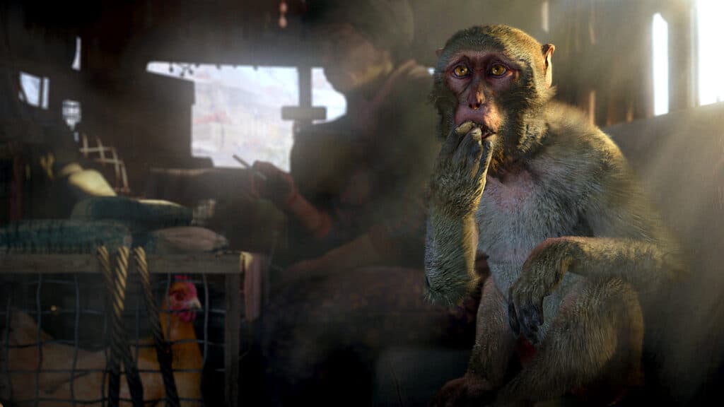 A monkey appears in a cutscene from Far Cry 4.