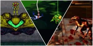 Collage of screenshots from Super Metroid, Earthworm Jim, and Killer Instinct.