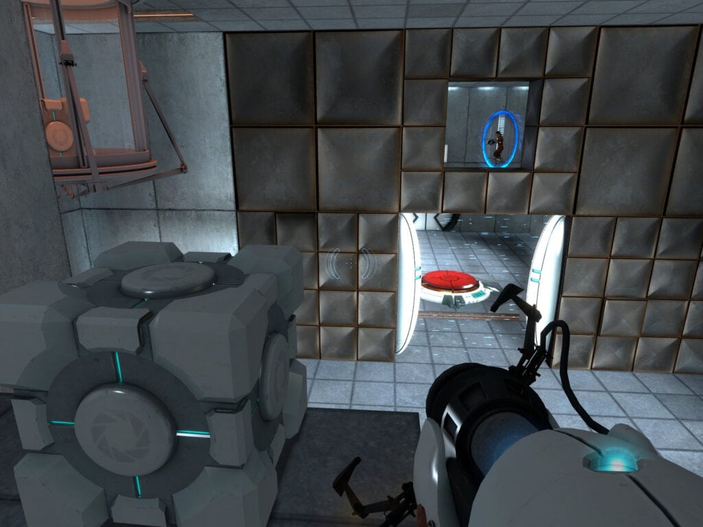 Chell uses her interdimensional Portal Gun to solve puzzles and traverse tricky levels.