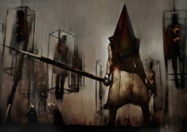 A screenshot from the video game Silent Hill 2, depicting an in-game painting of the character Pyramid Head. The game was developed by Team Silent and published by Konami.