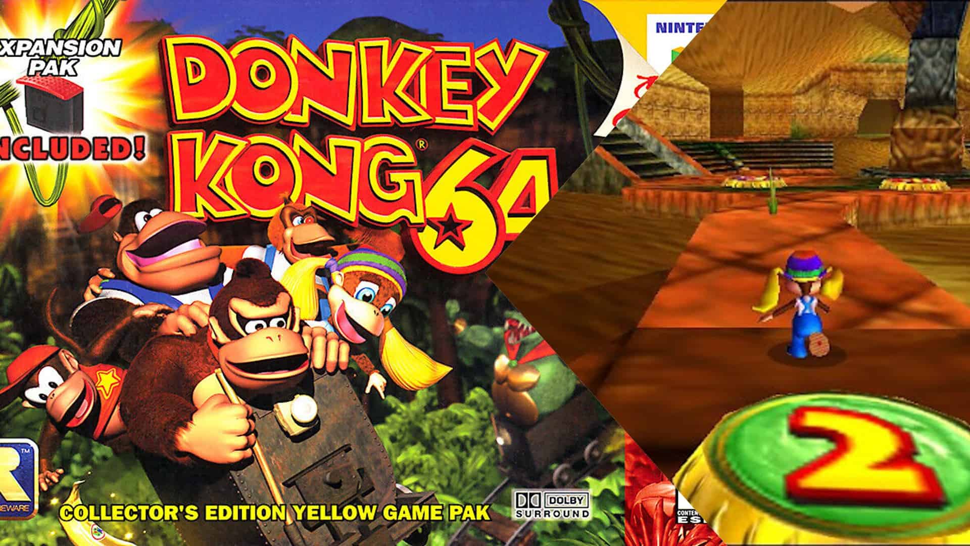 Donkey Kong 64 box art and gameplay