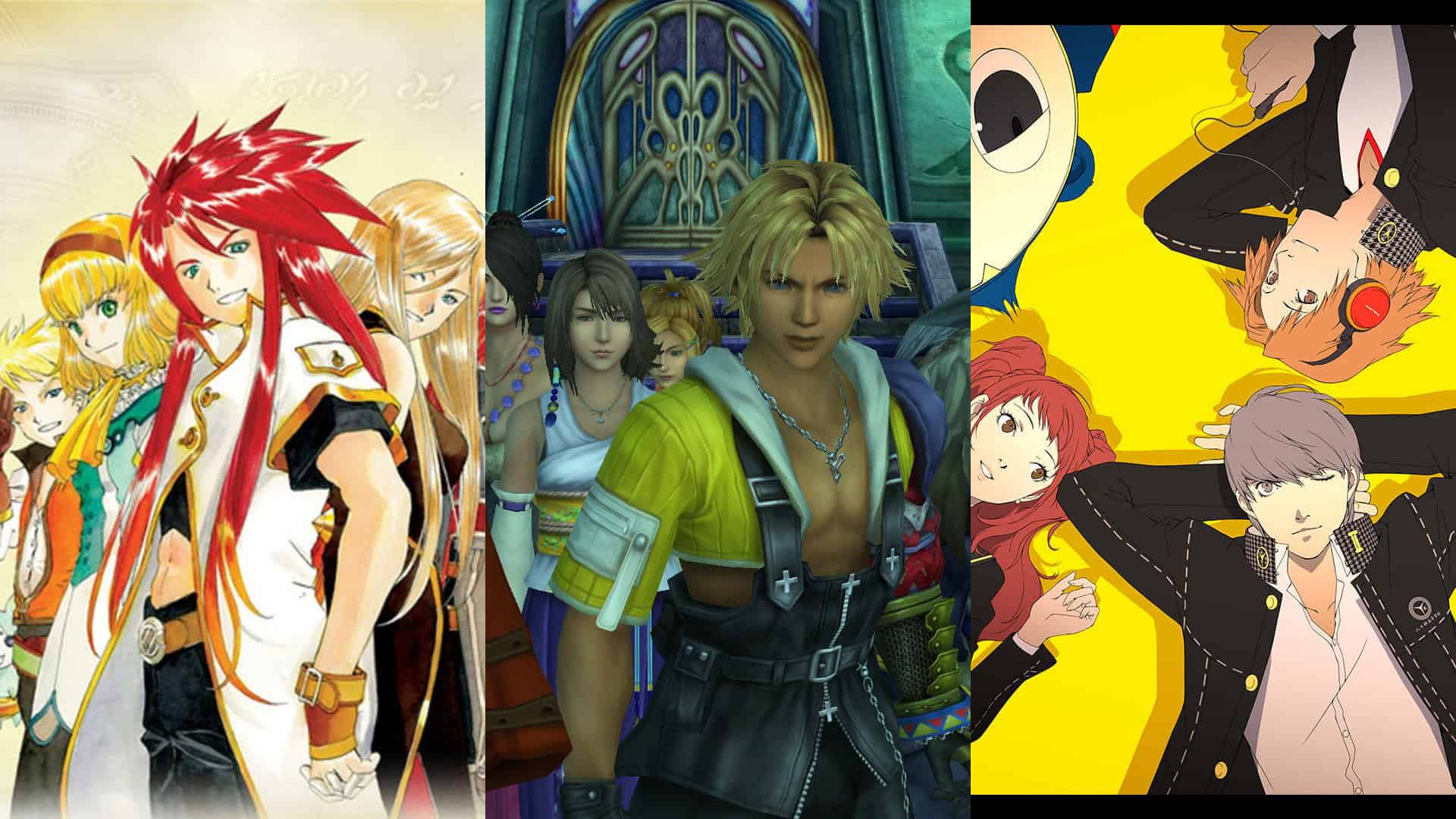 Tales of the Abyss, Final Fantasy X, and Persona 4 artwork and gameplay