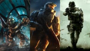 Call of Duty 4: Modern Warfar, Halo 3, and BioShock key art