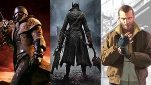 Fallout: New Vegas, Bloodborne, and Grand Theft Auto IV key art