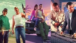 Grand Theft Auto 6, Grand Theft Auto 5, and Grand Theft Auto: San Andreas artwork