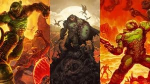 Doom, Doom Eternal, and Doom: The Dark Ages key art