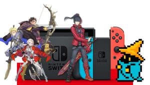 Nintendo Switch hardware and Xenoblade Chronicles 3, Final Fantasy, and Fire Emblem: Three Houses artwork