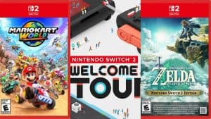Mario Kart World, The Legend of Zelda: Tears of the Kingdom, and Nintendo Switch 2 Welcome Tour cover art